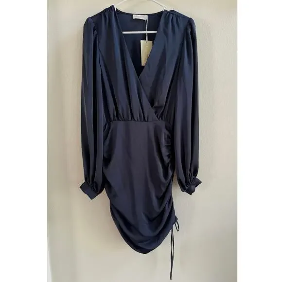 Ramy Brook NWT Foxy Blue Satin Ruched V-Neck Mini Dress Long Sleeve Size 2  - threedaughtersproperties.com